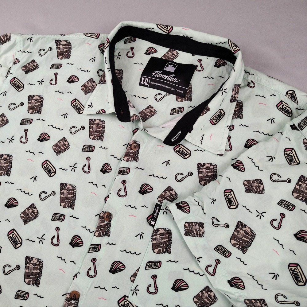 FloMotion Fishing Shirt Men 2XL/XXL Grouper Fish Print Button Up Florida Coastal